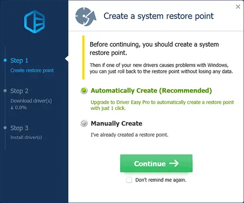 Driver Easy - Create System Restore Point