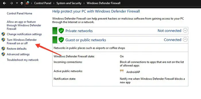 Turn Windows Defender Firewall On & Off