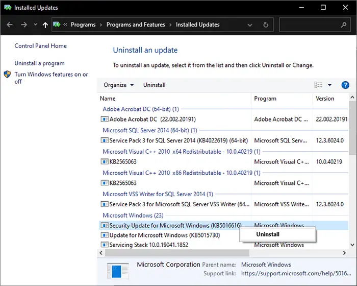 Uninstall Microsoft Update