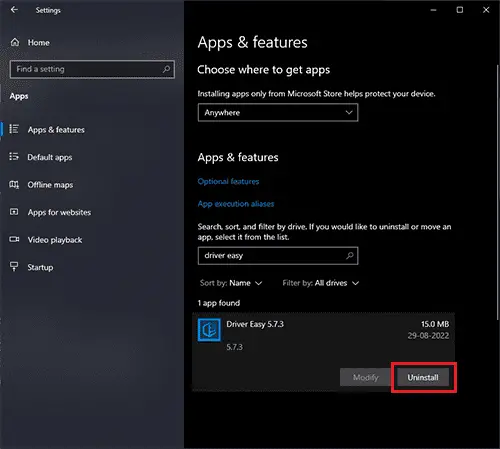Windows 10 App & features - Uninstall Driver Easy