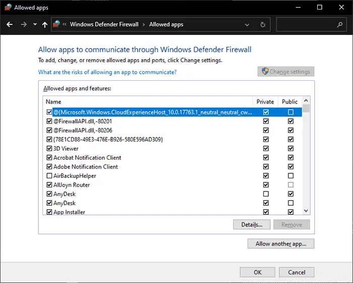 Windows Defender Firewall Allowed Apps and features