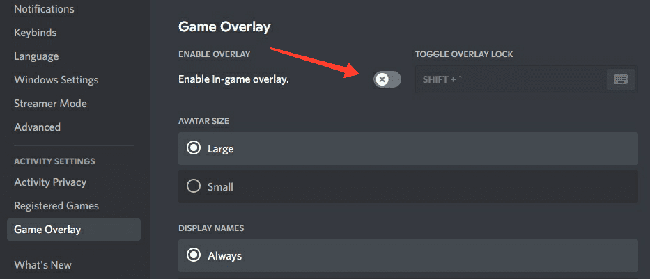 Discord Turn Off the Enable in-game overlay