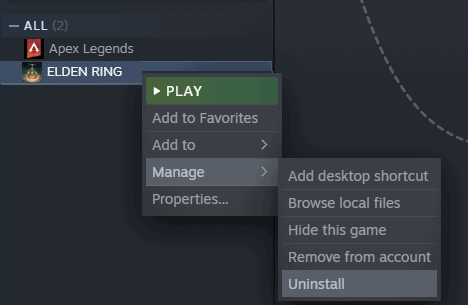 Elden Ring - Steam - Manage - Uninstall