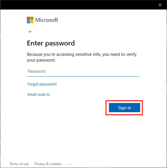 Enter Password - Microsoft Account Windows 10