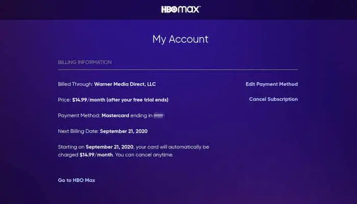 HBO Max Billing Section to Cancel Subscription