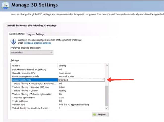 Nvidia Manage 3D Settings - Shader Cache Size