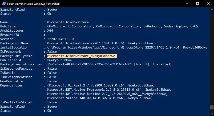 PackageFamilyName - Microsoft.WindowsStore