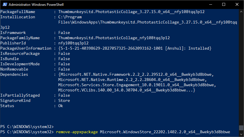 Powershell remove-appxpackage