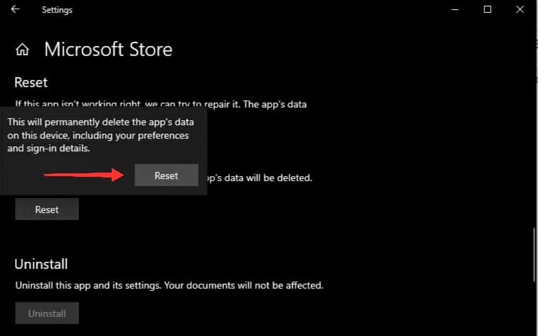 Reset Option - Microsoft Store