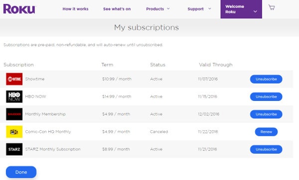 Roku Active Subscription List