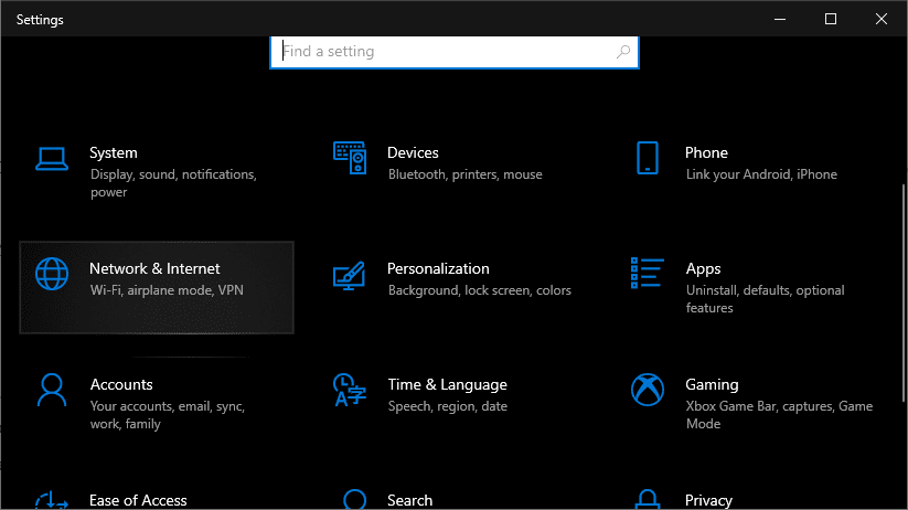 Settings - Network and Internet