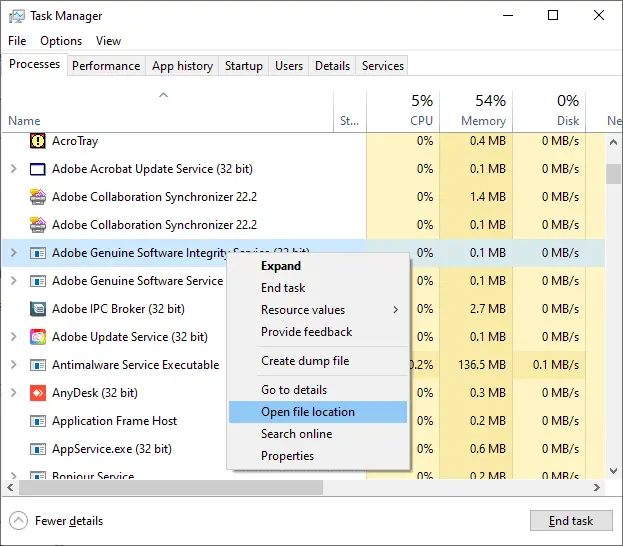 Task Manager - Adobe Genuine Software Integrity Service