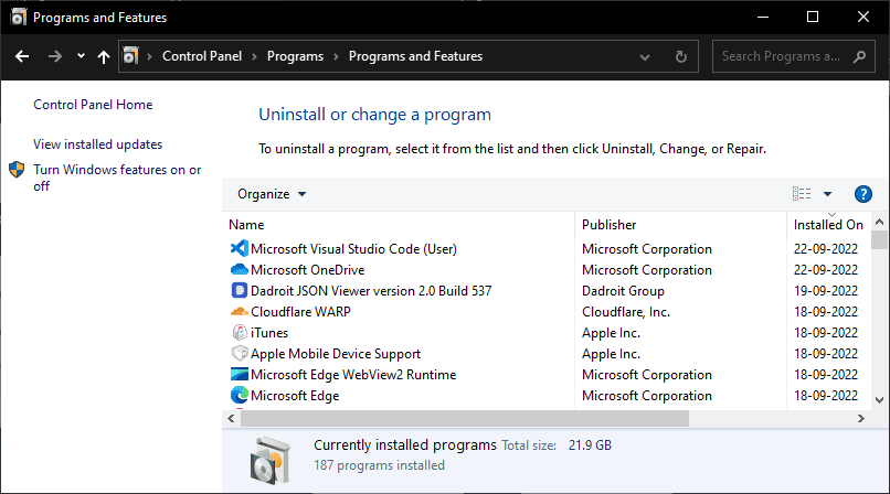 Uninstall or change a program