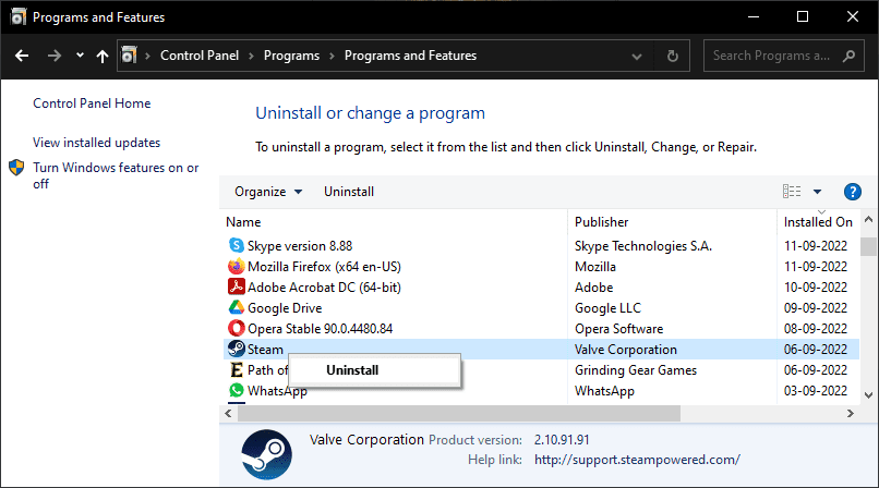 Uninstall Steam Windows