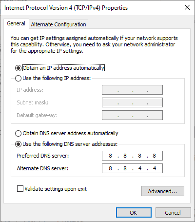 Use following DNS server addresses