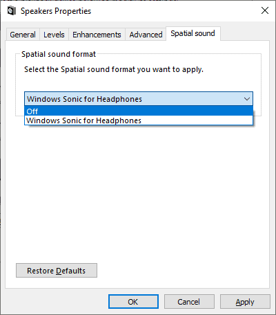 Windows 10 - Spatial Sound Format off