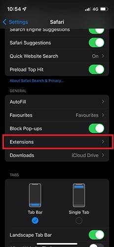 Safari - Extensions Option