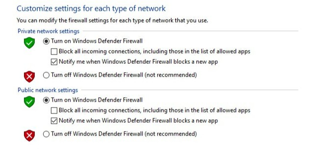 Turn off Windows Firewall option